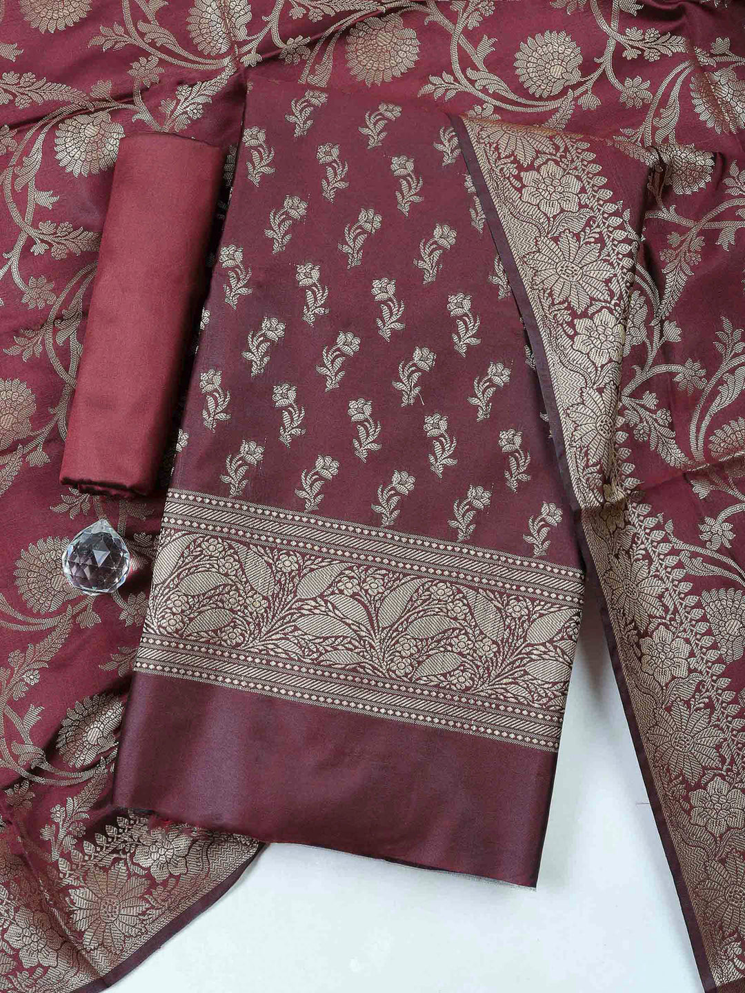 Wine Chanderi Banarasi Unstitched Dress Material