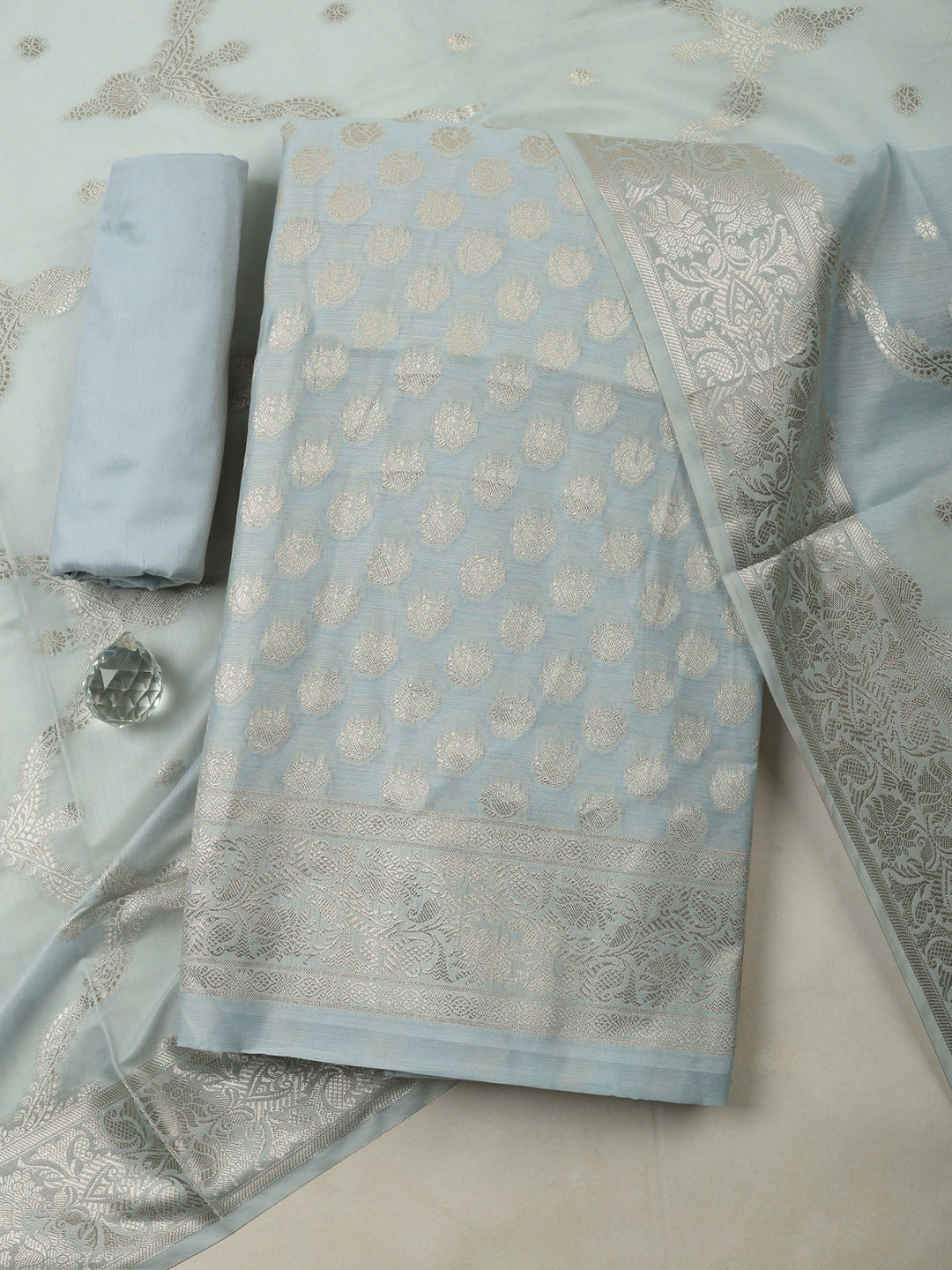 Grey Banarasi Chanderi Unstitched Dress Material