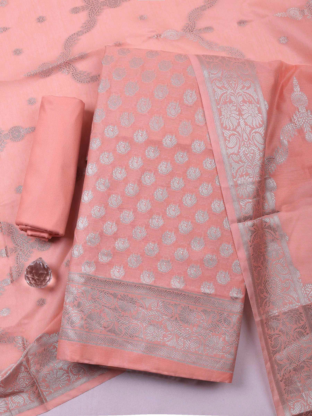 Peach Banarasi Chanderi Unstitched Dress Material