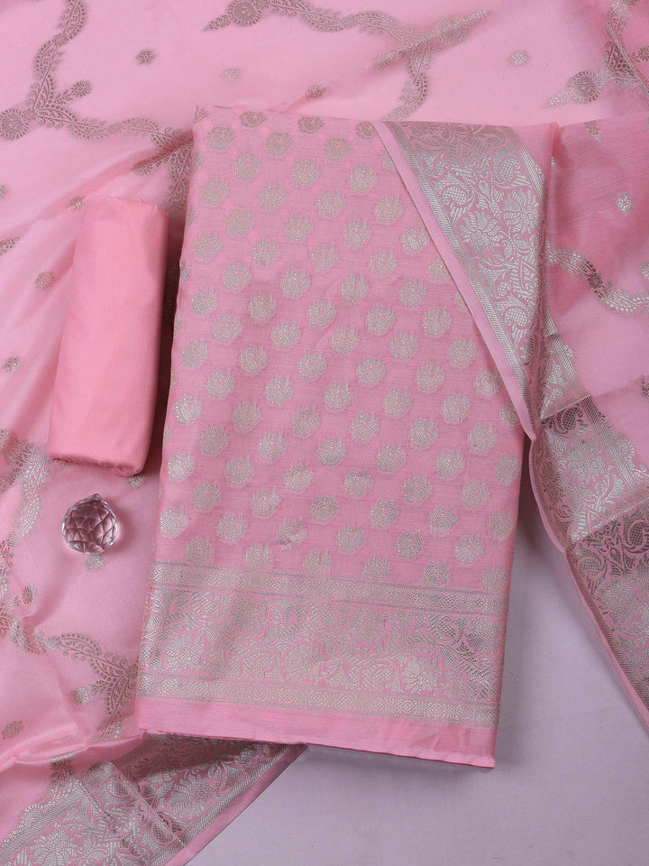 Pink Banarasi Chanderi Unstitched Dress Material