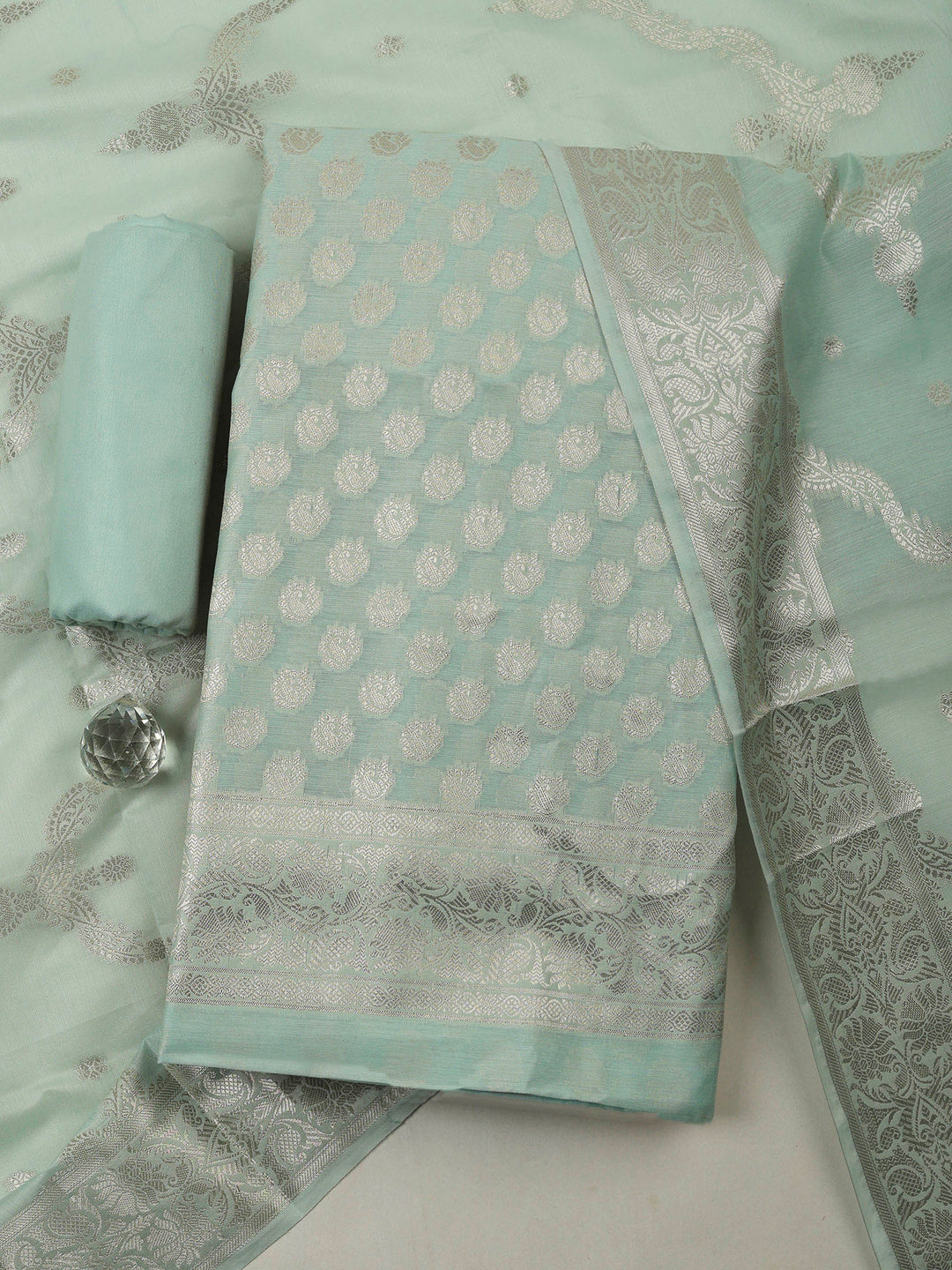 Sea Green Banarasi Chanderi Unstitched Dress Material