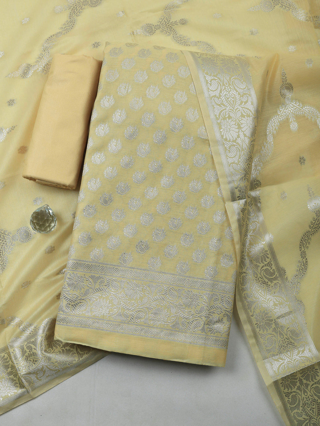 Yellow Banarasi Chanderi Unstitched Dress Material