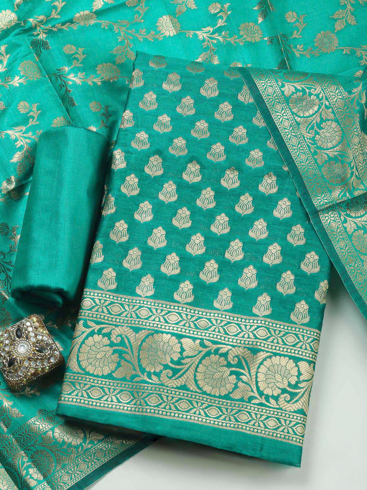 Green Woven Design Chanderi Unstitched Dress Material