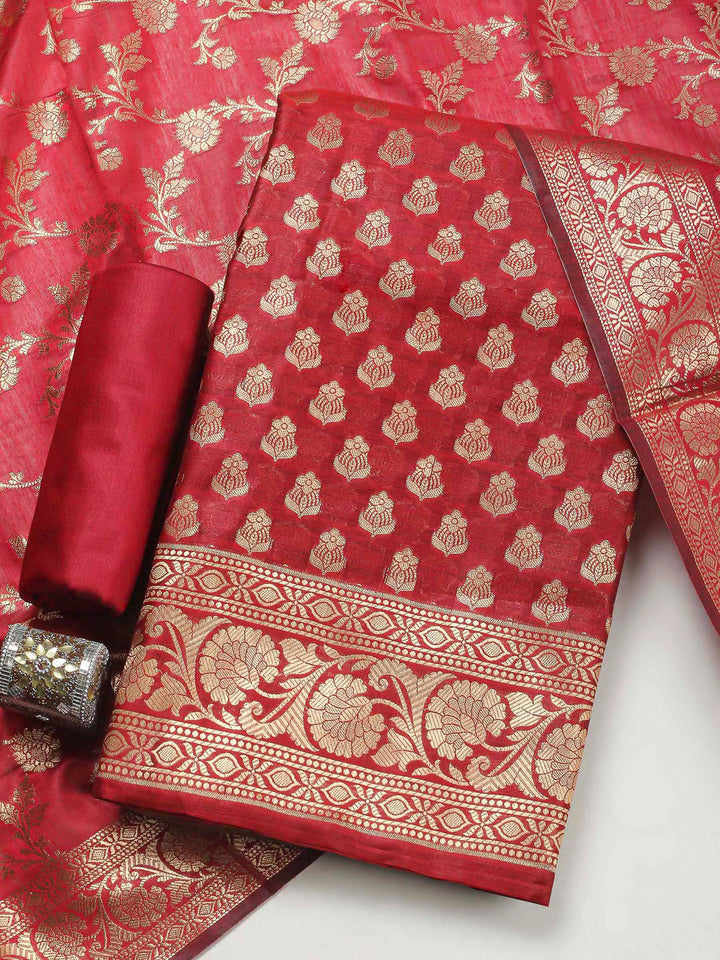 Maroon Woven Design Chanderi Unstitched Dress Material