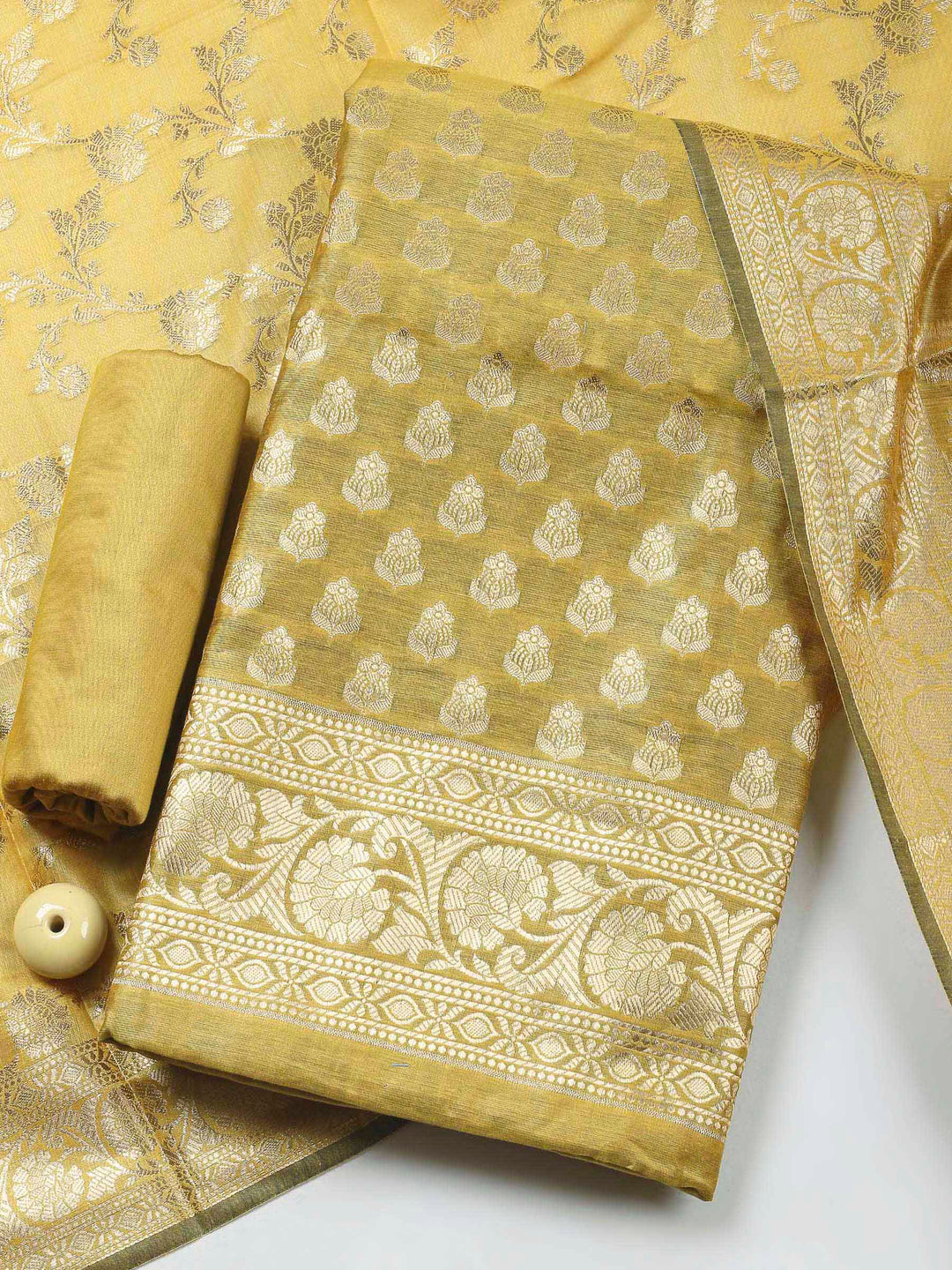Mustard Woven Design Chanderi Unstitched Dress Material