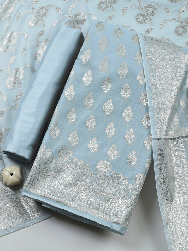 Grey Blue Woven Design Chanderi Unstitched Suit &amp; Pant With Banarsi Dupatta