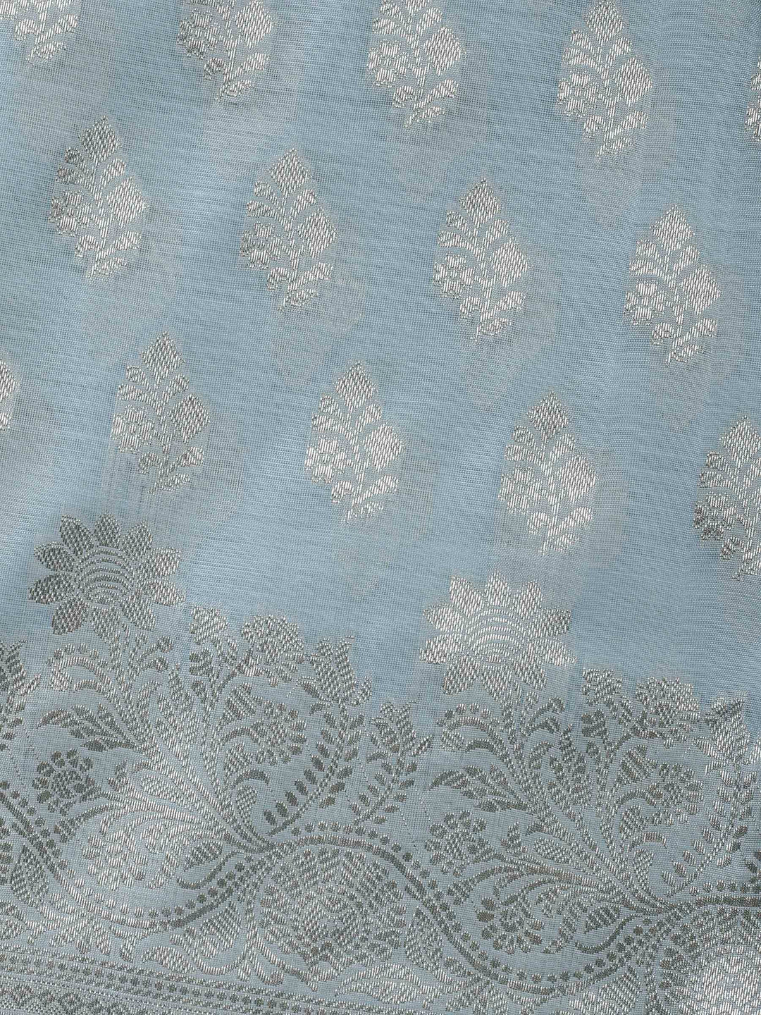 Grey Blue Woven Design Chanderi Unstitched Suit &amp; Pant With Banarsi Dupatta