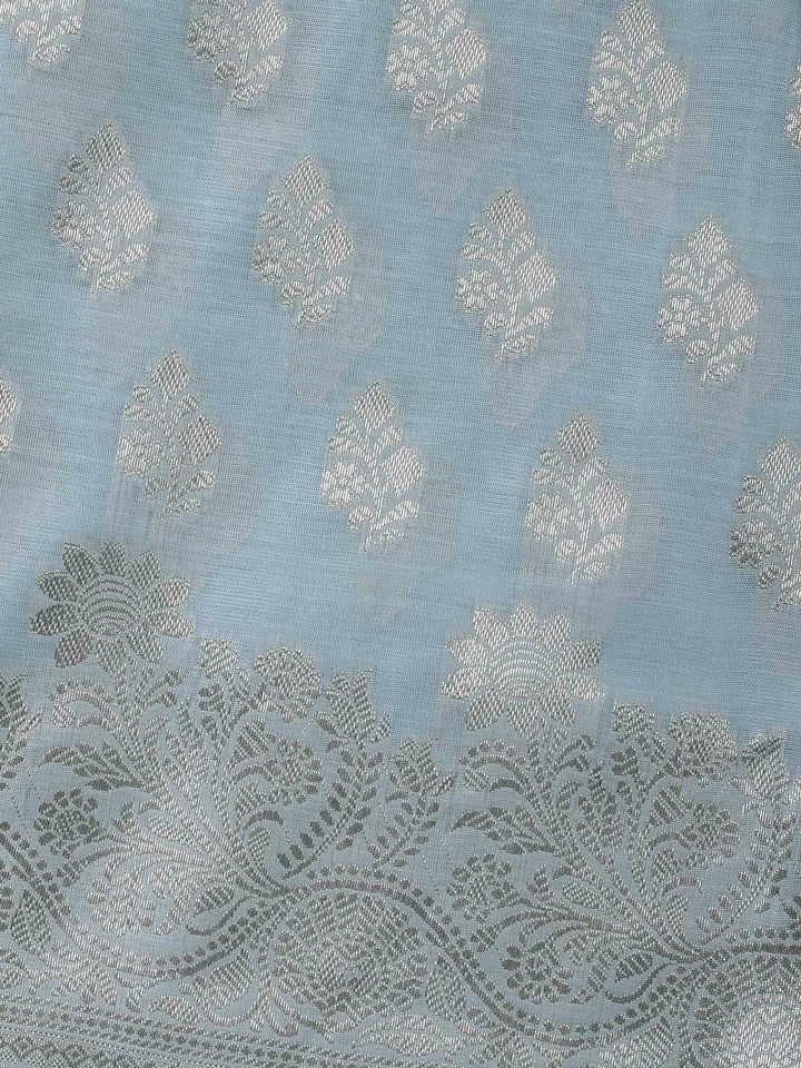 Grey Blue Woven Design Chanderi Unstitched Suit &amp; Pant With Banarsi Dupatta