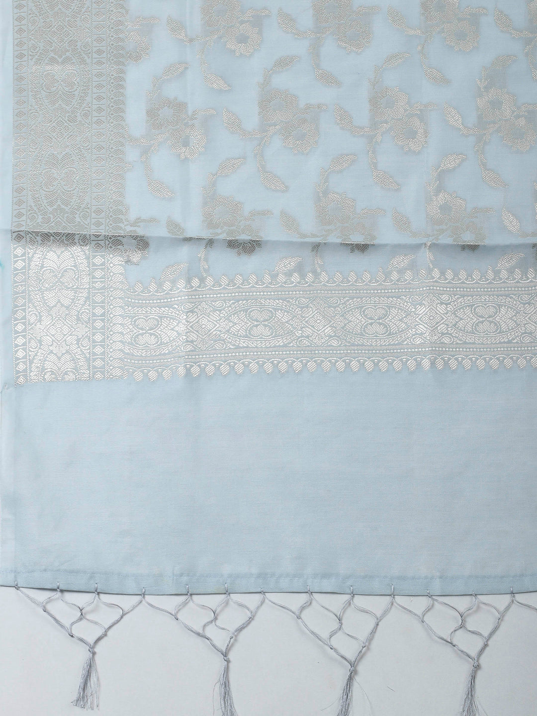 Grey Blue Woven Design Chanderi Unstitched Suit &amp; Pant With Banarsi Dupatta
