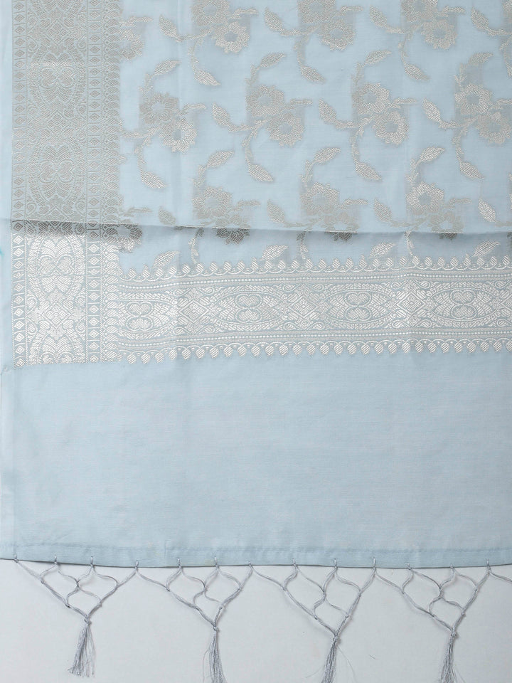 Grey Blue Woven Design Chanderi Unstitched Suit &amp; Pant With Banarsi Dupatta