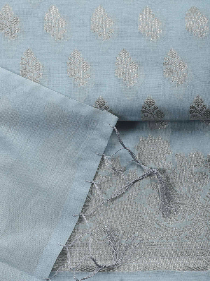 Grey Blue Woven Design Chanderi Unstitched Suit &amp; Pant With Banarsi Dupatta