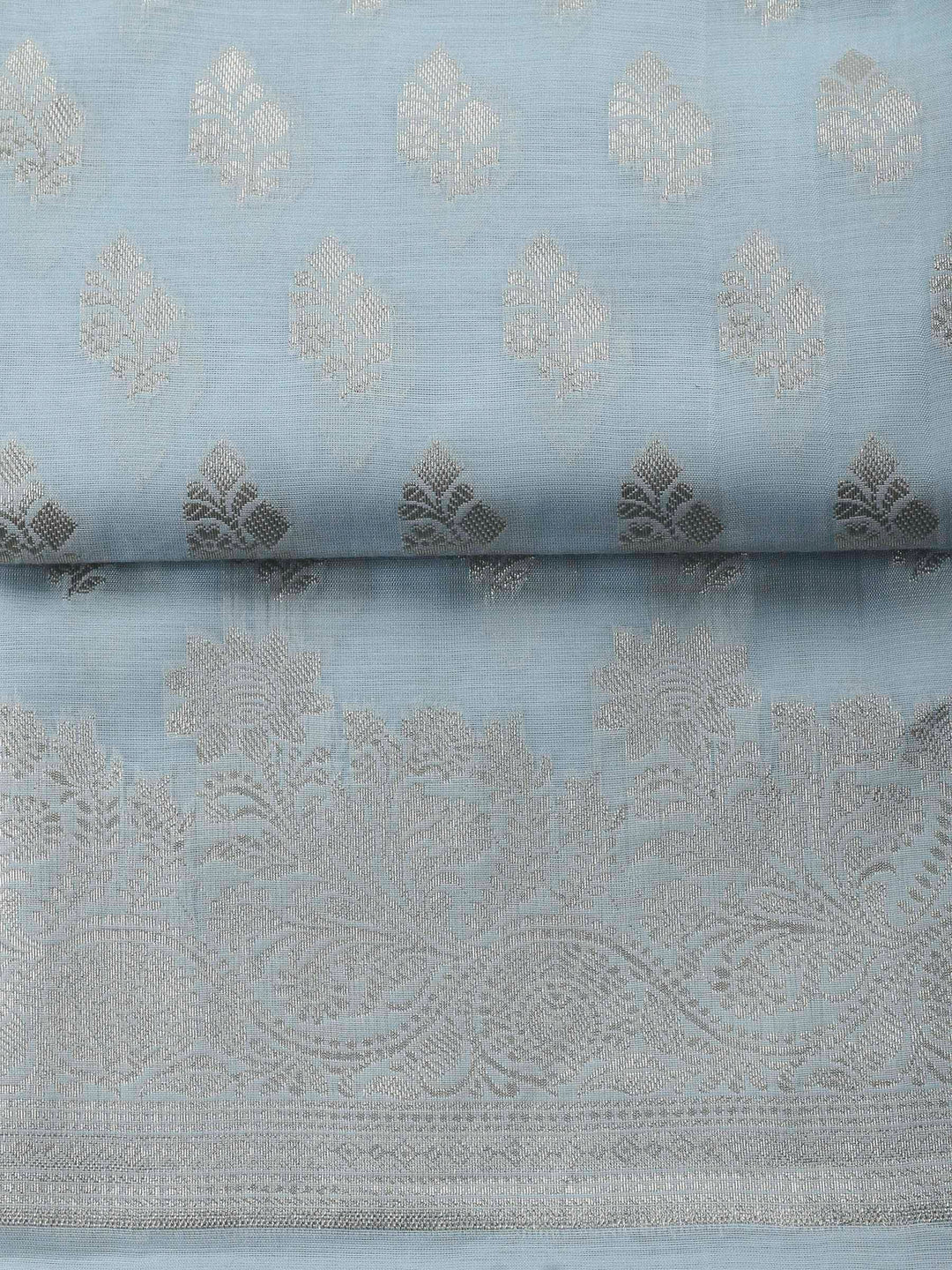 Grey Blue Woven Design Chanderi Unstitched Suit &amp; Pant With Banarsi Dupatta