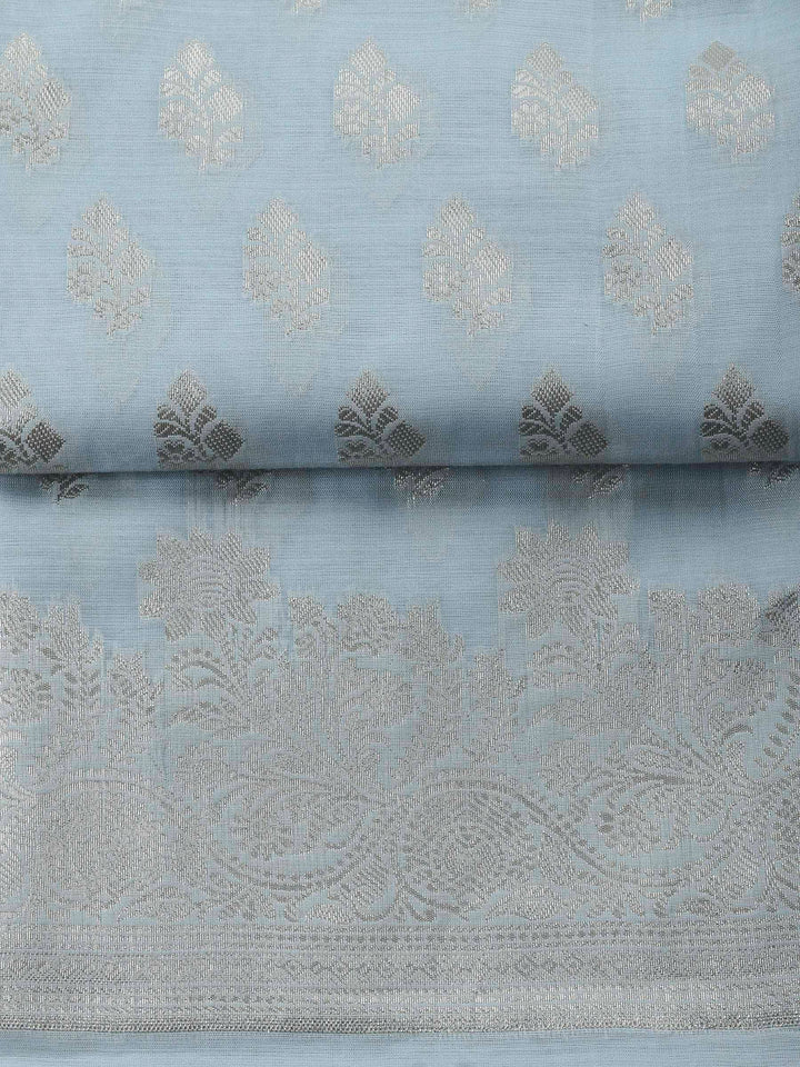 Grey Blue Woven Design Chanderi Unstitched Suit &amp; Pant With Banarsi Dupatta