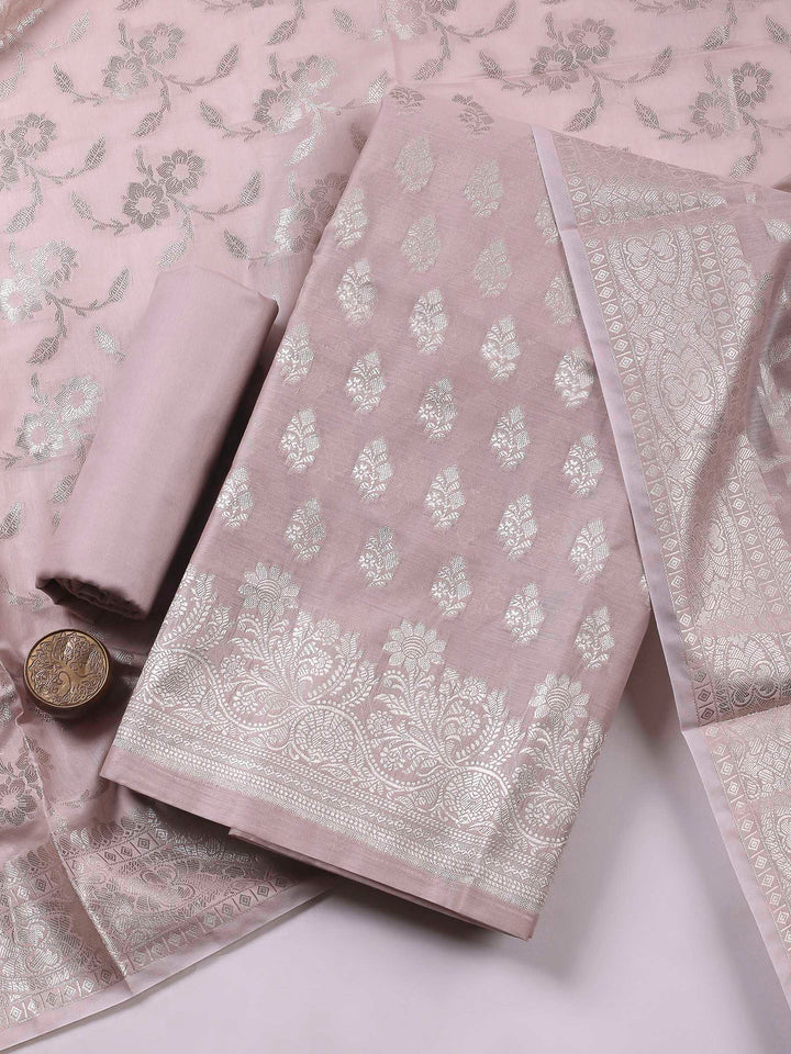 Mauve Woven Design Chanderi Unstitched Suit &amp; Pant With Banarsi Dupatta