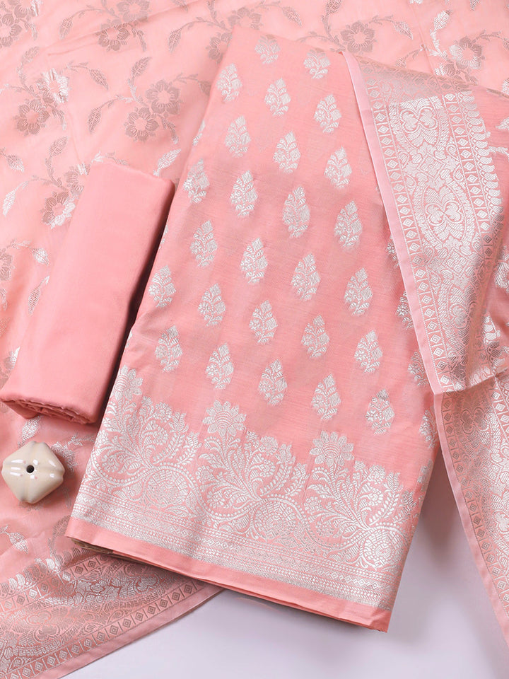 Peach Woven Design Chanderi Unstitched Suit &amp; Pant With Banarsi Dupatta