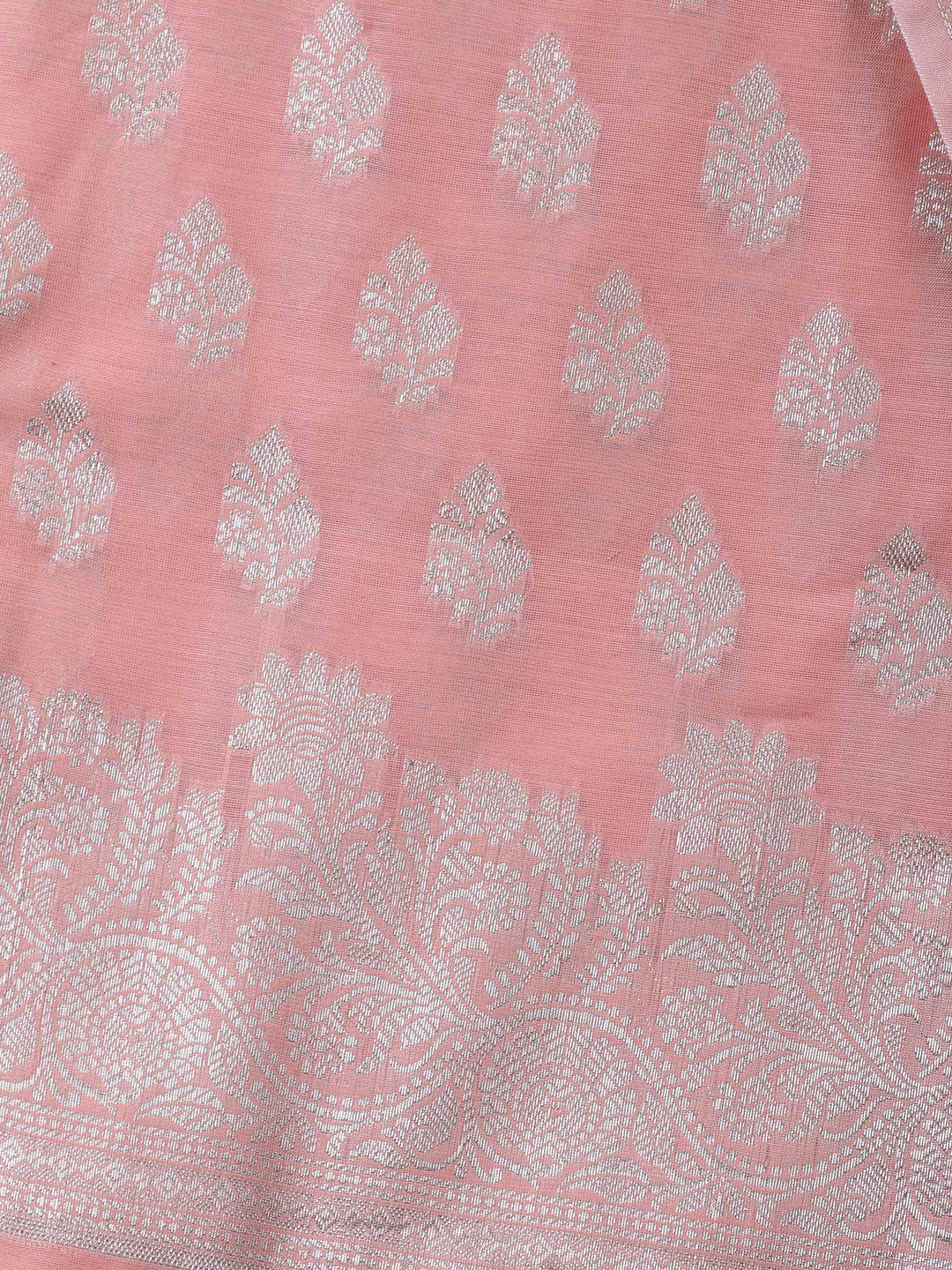 Peach Woven Design Chanderi Unstitched Suit &amp; Pant With Banarsi Dupatta