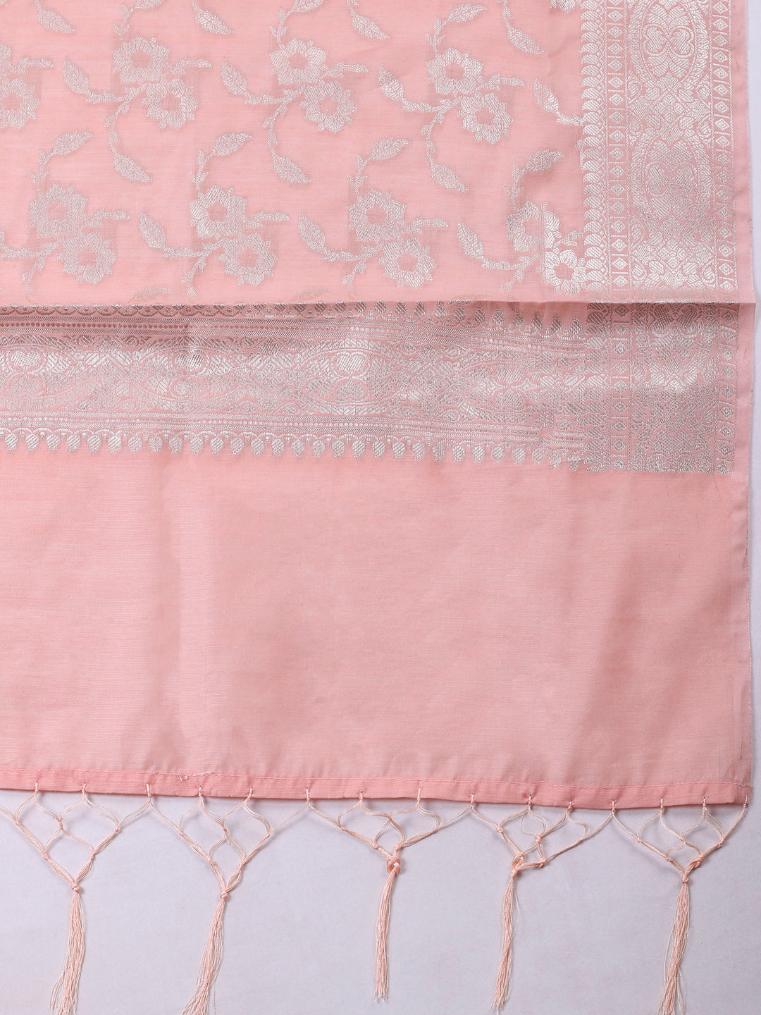 Peach Woven Design Chanderi Unstitched Suit &amp; Pant With Banarsi Dupatta