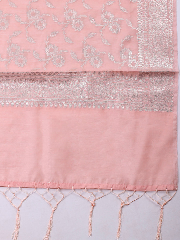 Peach Woven Design Chanderi Unstitched Suit &amp; Pant With Banarsi Dupatta