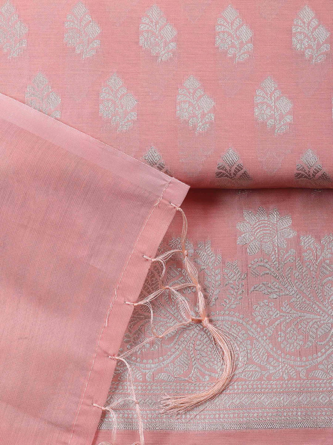 Peach Woven Design Chanderi Unstitched Suit &amp; Pant With Banarsi Dupatta