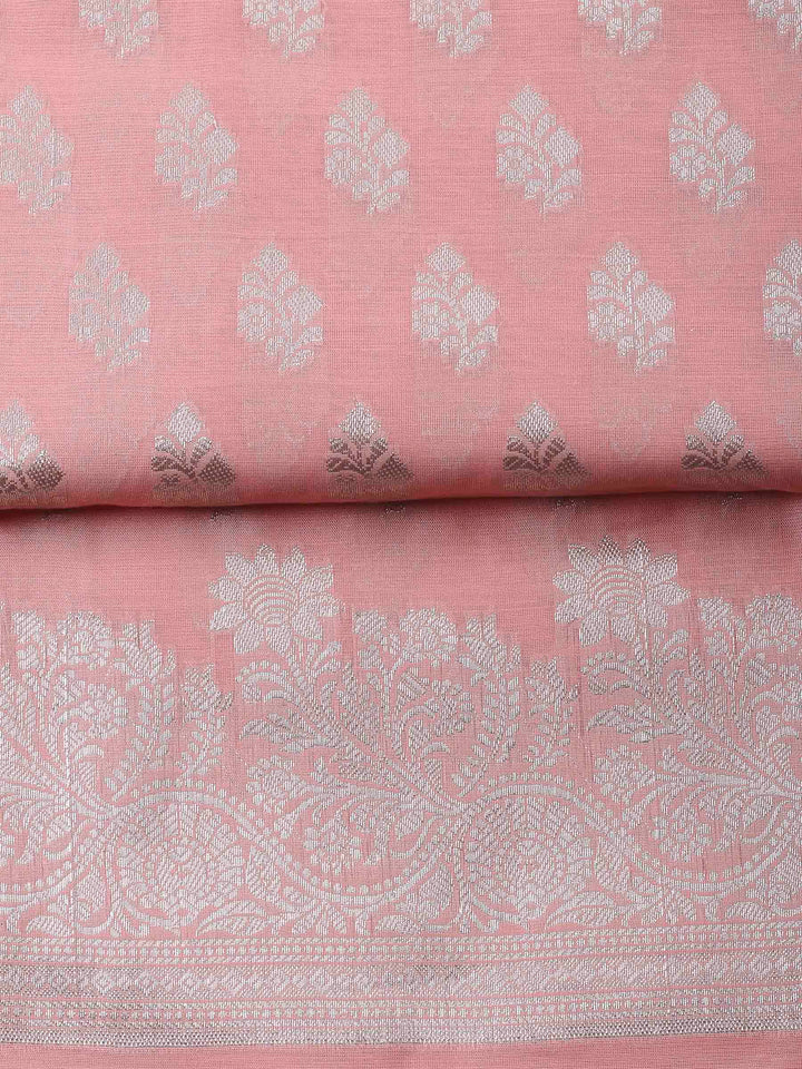 Peach Woven Design Chanderi Unstitched Suit &amp; Pant With Banarsi Dupatta
