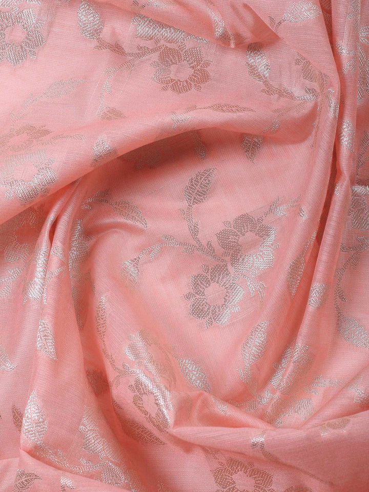 Peach Woven Design Chanderi Unstitched Suit &amp; Pant With Banarsi Dupatta
