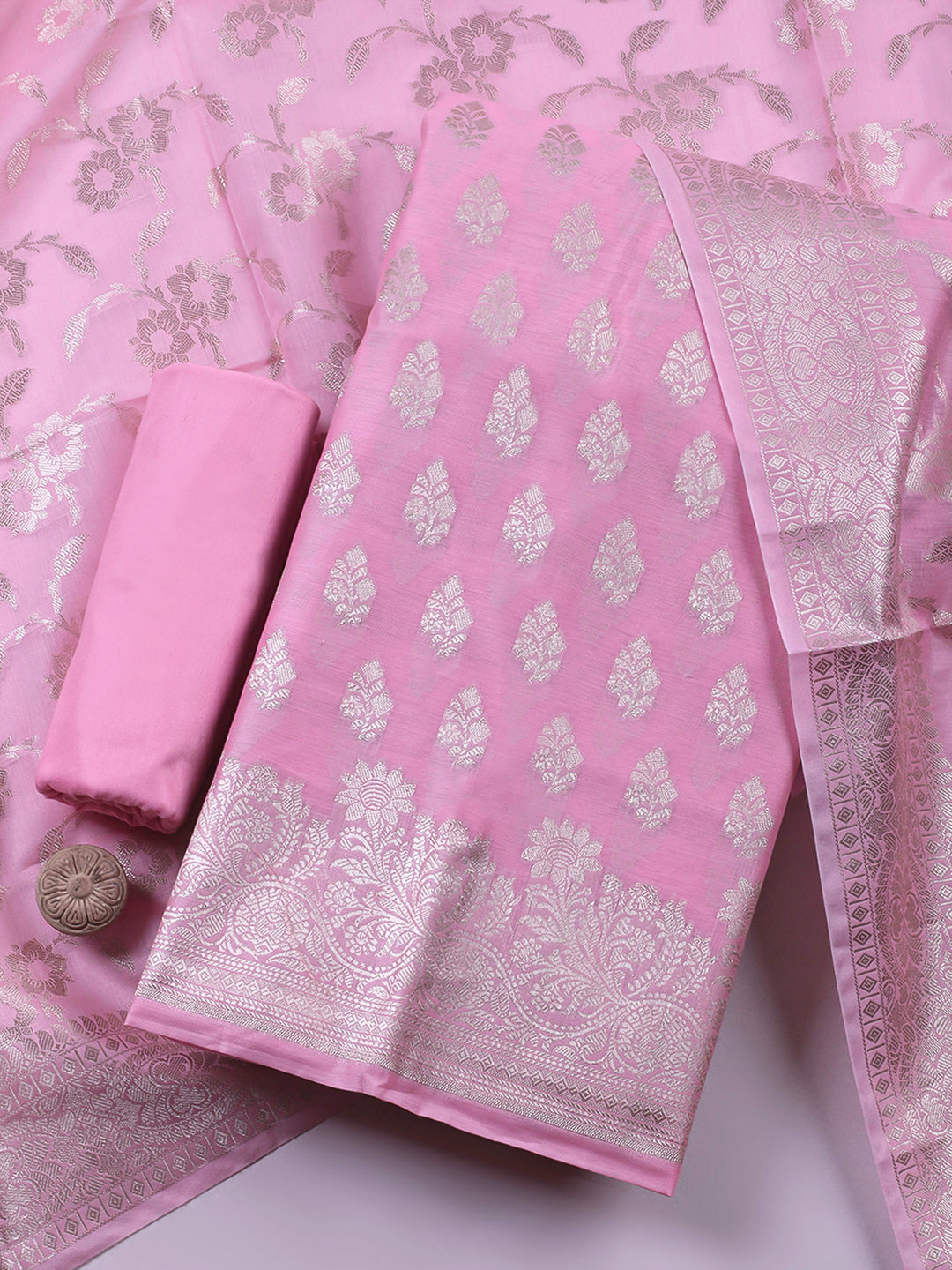 Pink Woven Design Chanderi Unstitched Suit &amp; Pant With Banarsi Dupatta