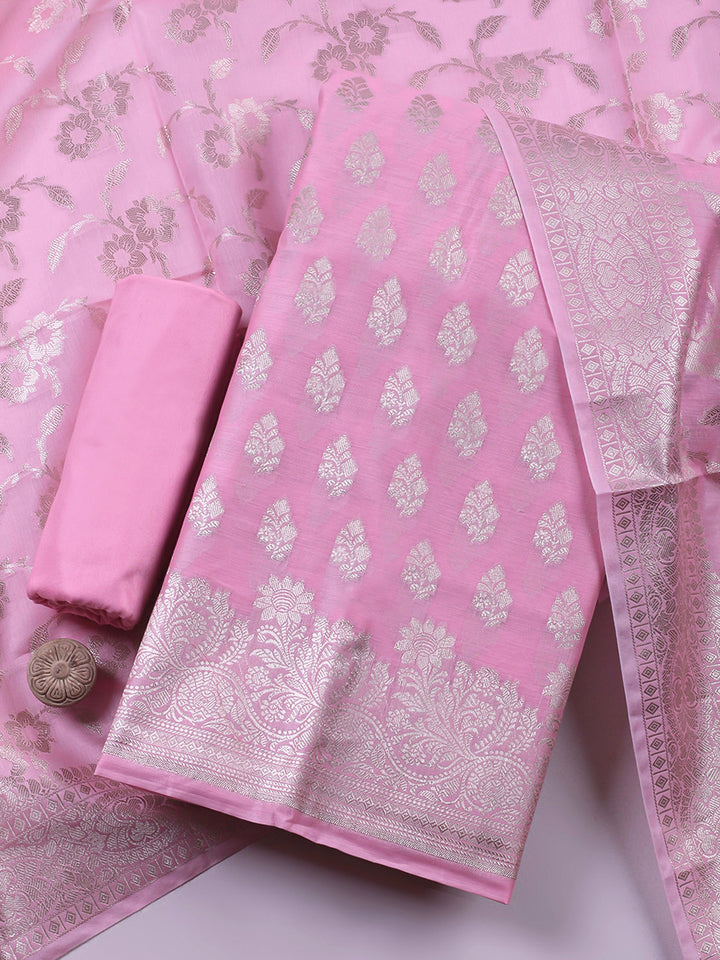 Pink Woven Design Chanderi Unstitched Suit &amp; Pant With Banarsi Dupatta