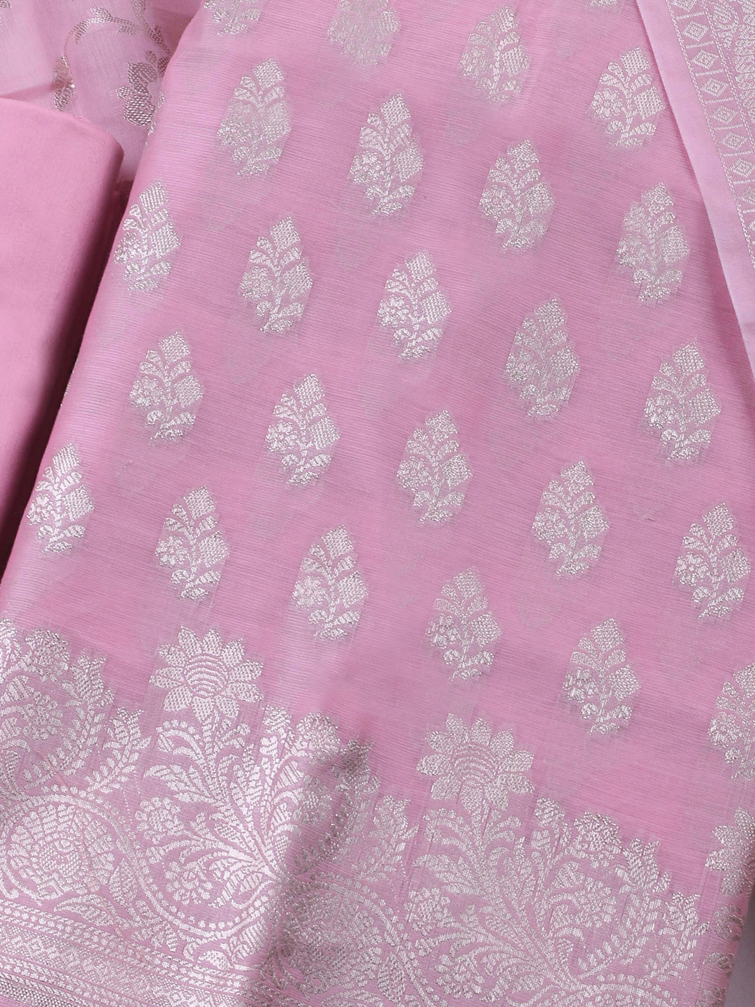 Pink Woven Design Chanderi Unstitched Suit &amp; Pant With Banarsi Dupatta