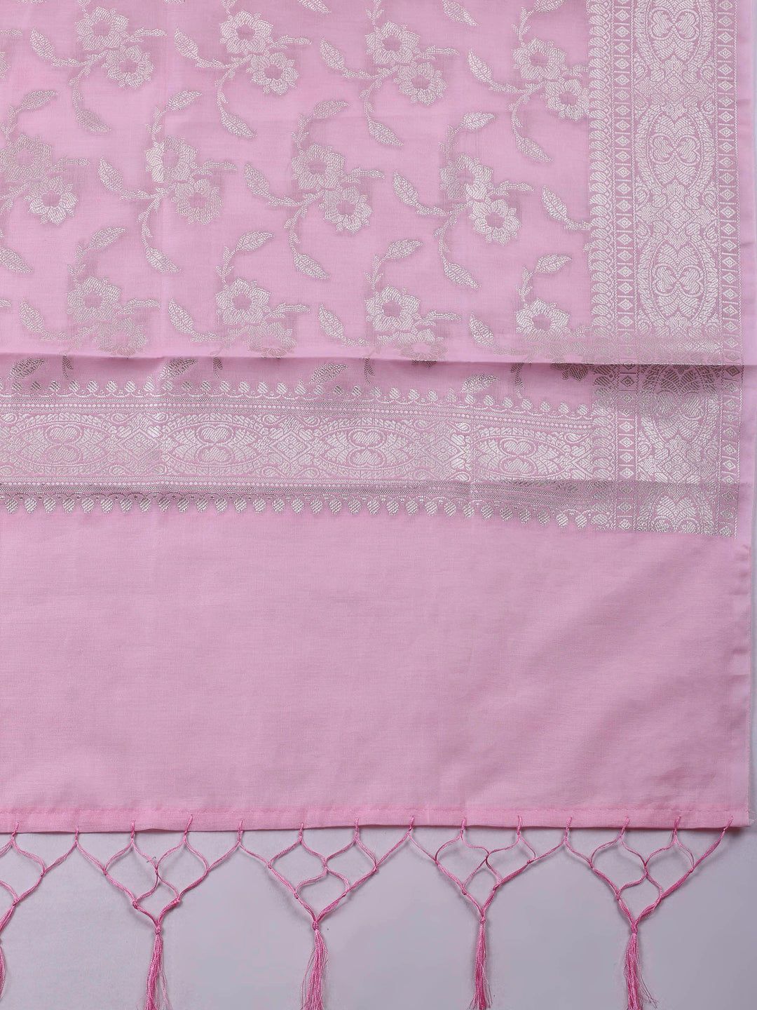 Pink Woven Design Chanderi Unstitched Suit &amp; Pant With Banarsi Dupatta