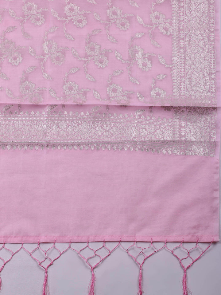 Pink Woven Design Chanderi Unstitched Suit &amp; Pant With Banarsi Dupatta