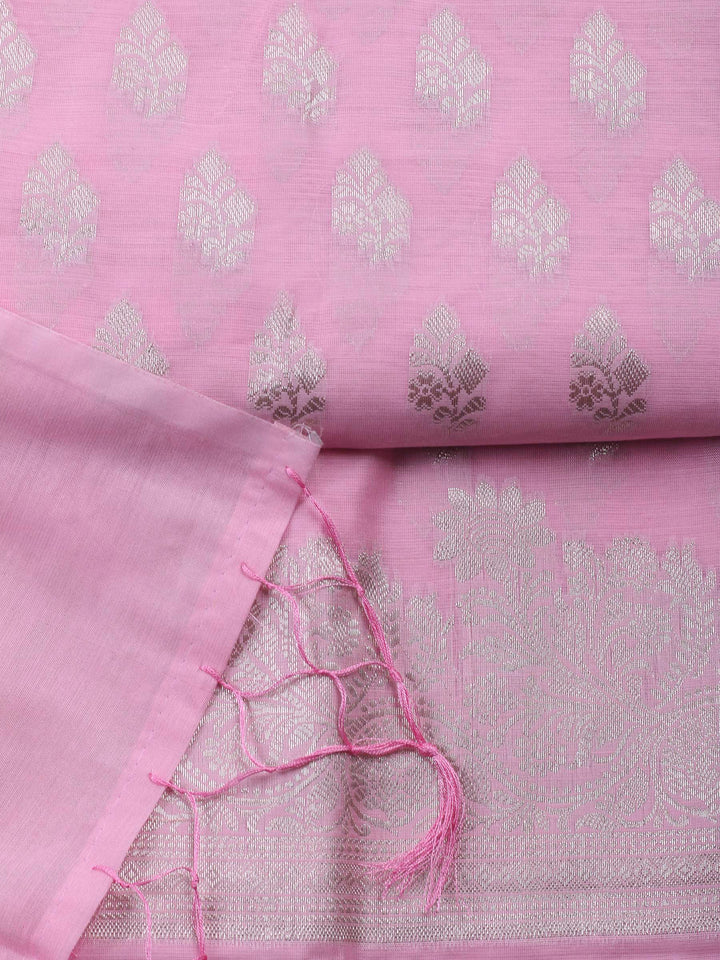 Pink Woven Design Chanderi Unstitched Suit &amp; Pant With Banarsi Dupatta