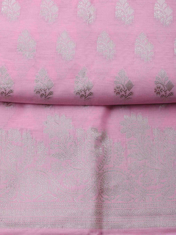 Pink Woven Design Chanderi Unstitched Suit &amp; Pant With Banarsi Dupatta