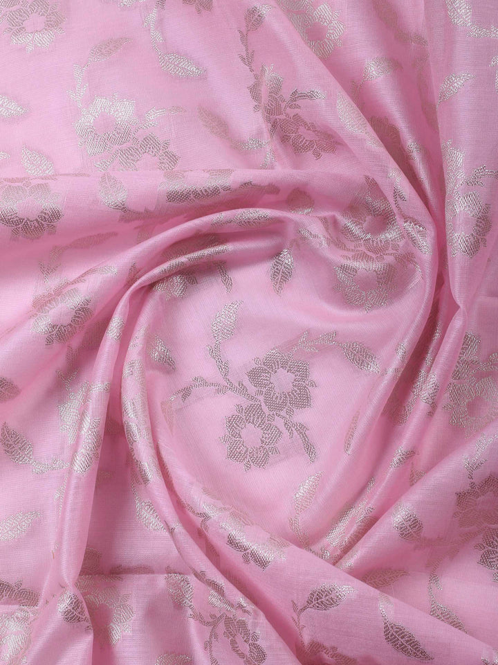 Pink Woven Design Chanderi Unstitched Suit &amp; Pant With Banarsi Dupatta