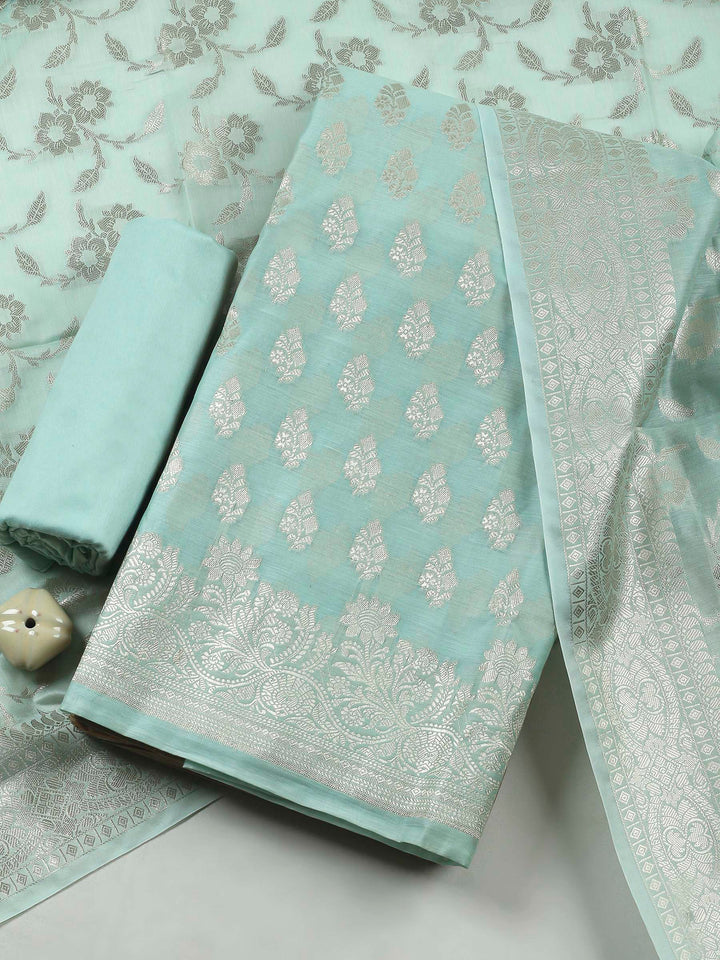 Sea Green Woven Design Chanderi Unstitched Suit &amp; Pant With Banarsi Dupatta