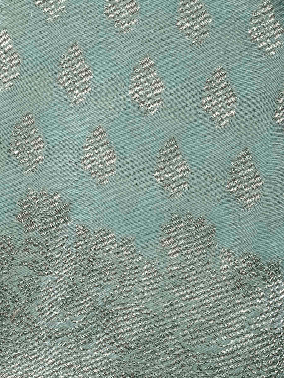 Sea Green Woven Design Chanderi Unstitched Suit &amp; Pant With Banarsi Dupatta