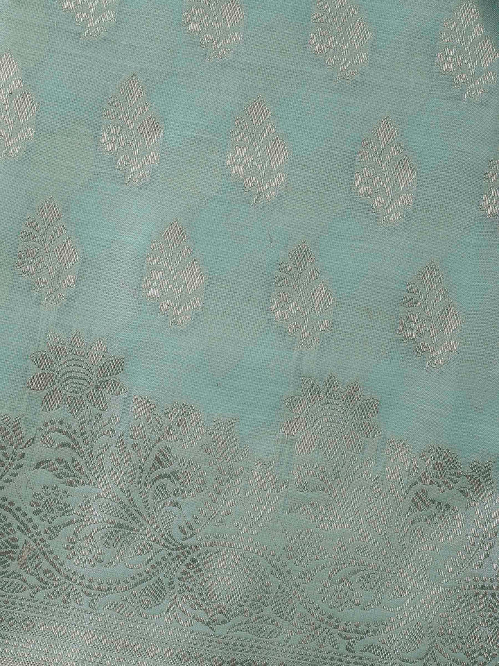 Sea Green Woven Design Chanderi Unstitched Suit &amp; Pant With Banarsi Dupatta