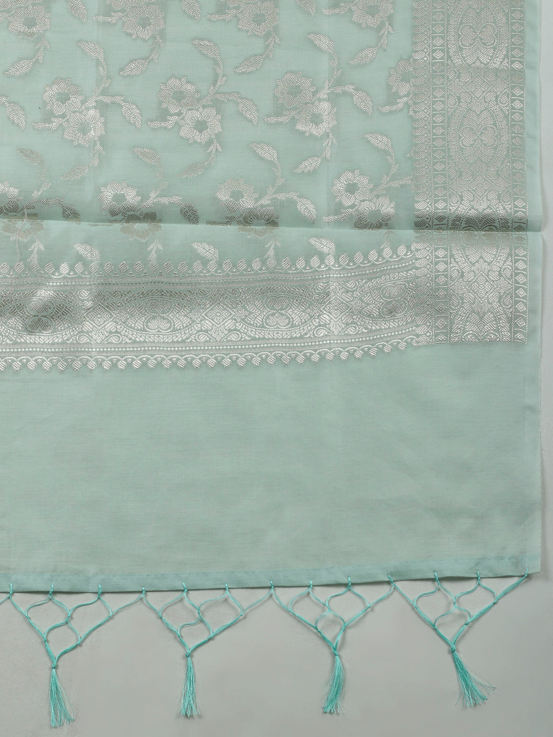 Sea Green Woven Design Chanderi Unstitched Suit &amp; Pant With Banarsi Dupatta