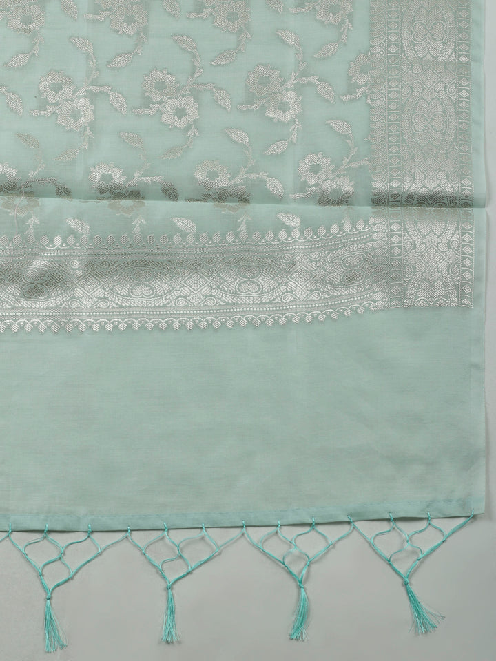 Sea Green Woven Design Chanderi Unstitched Suit &amp; Pant With Banarsi Dupatta