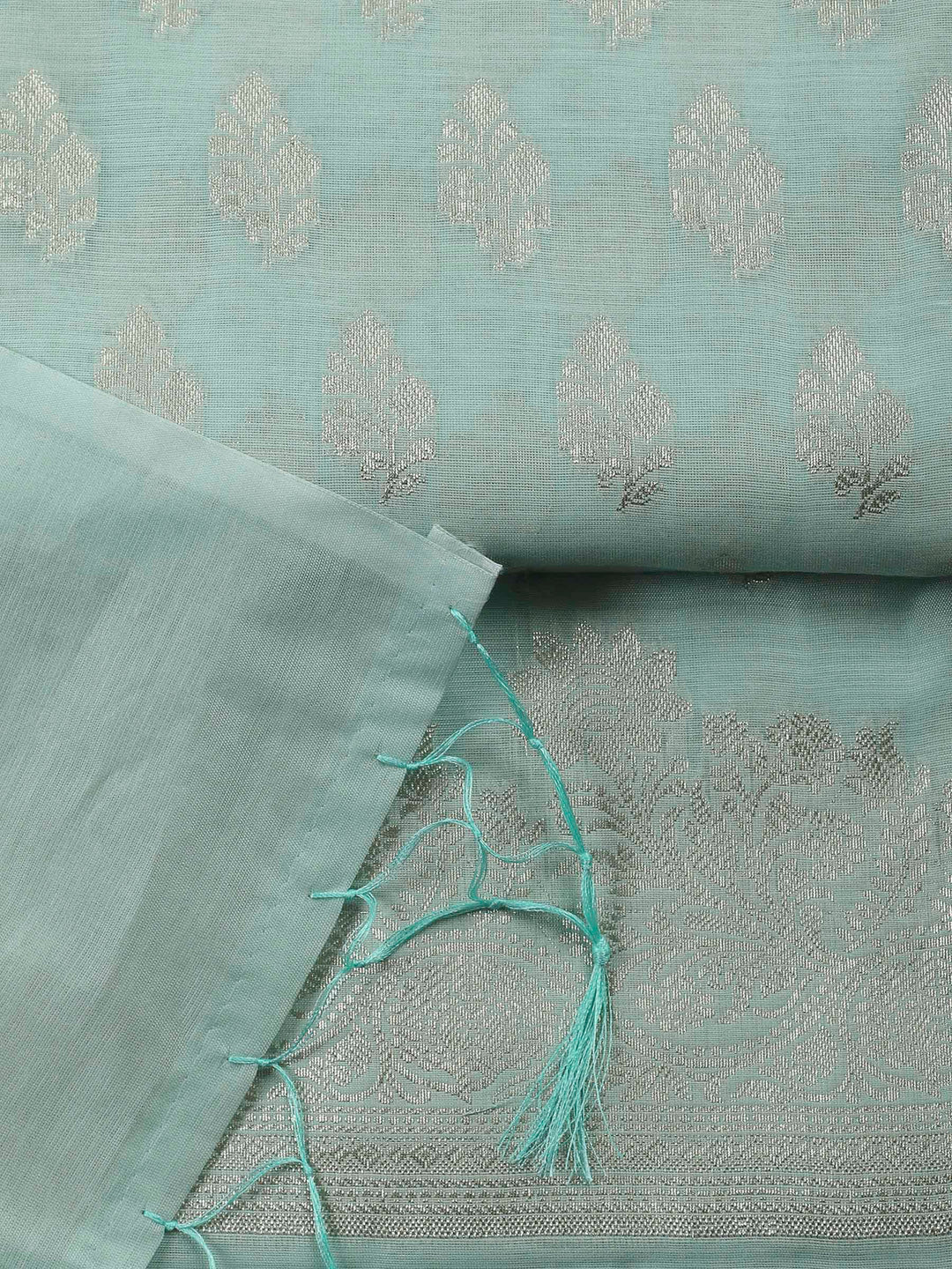 Sea Green Woven Design Chanderi Unstitched Suit &amp; Pant With Banarsi Dupatta