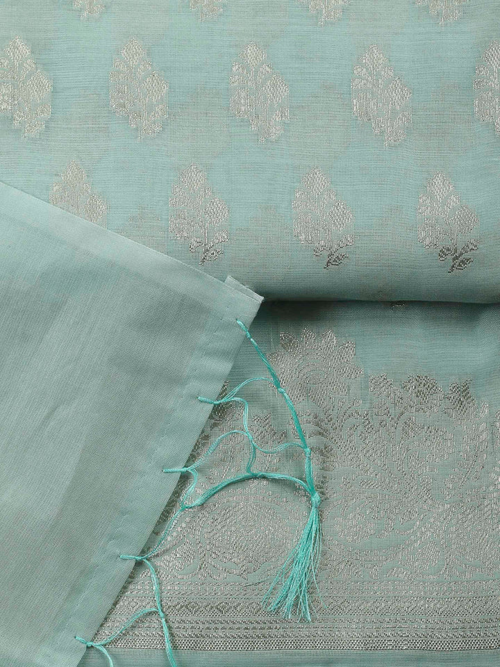 Sea Green Woven Design Chanderi Unstitched Suit &amp; Pant With Banarsi Dupatta