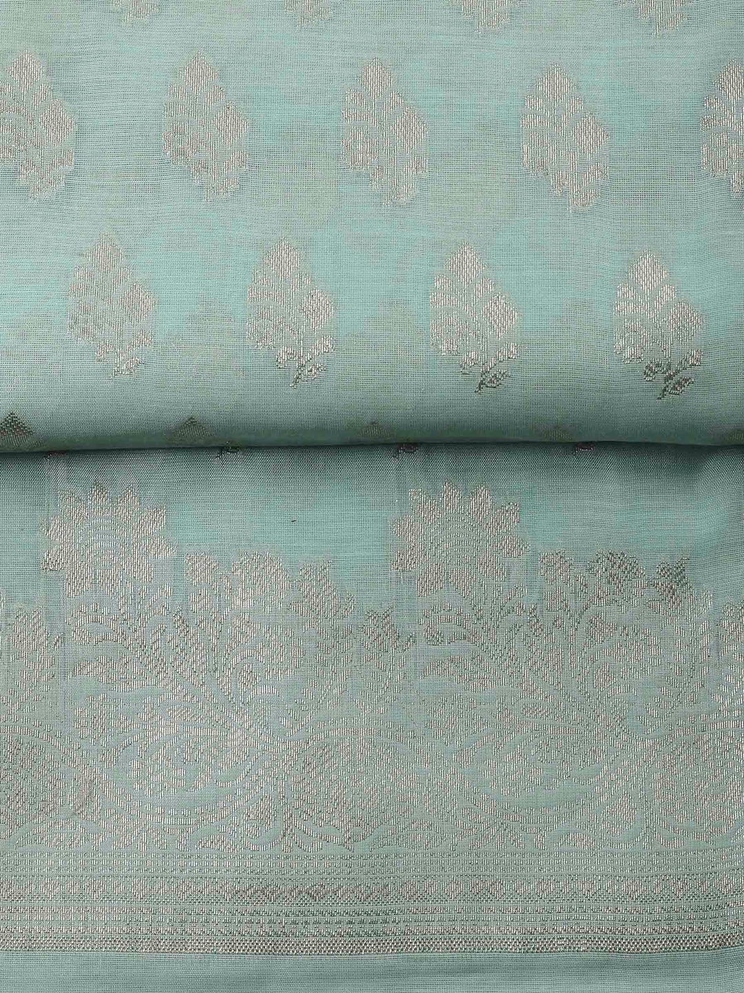 Sea Green Woven Design Chanderi Unstitched Suit &amp; Pant With Banarsi Dupatta
