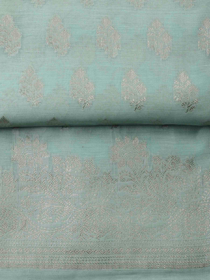 Sea Green Woven Design Chanderi Unstitched Suit &amp; Pant With Banarsi Dupatta