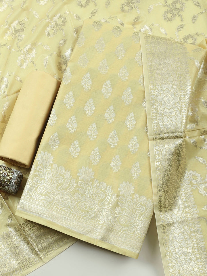 Yellow Woven Design Chanderi Unstitched Suit &amp; Pant With Banarsi Dupatta