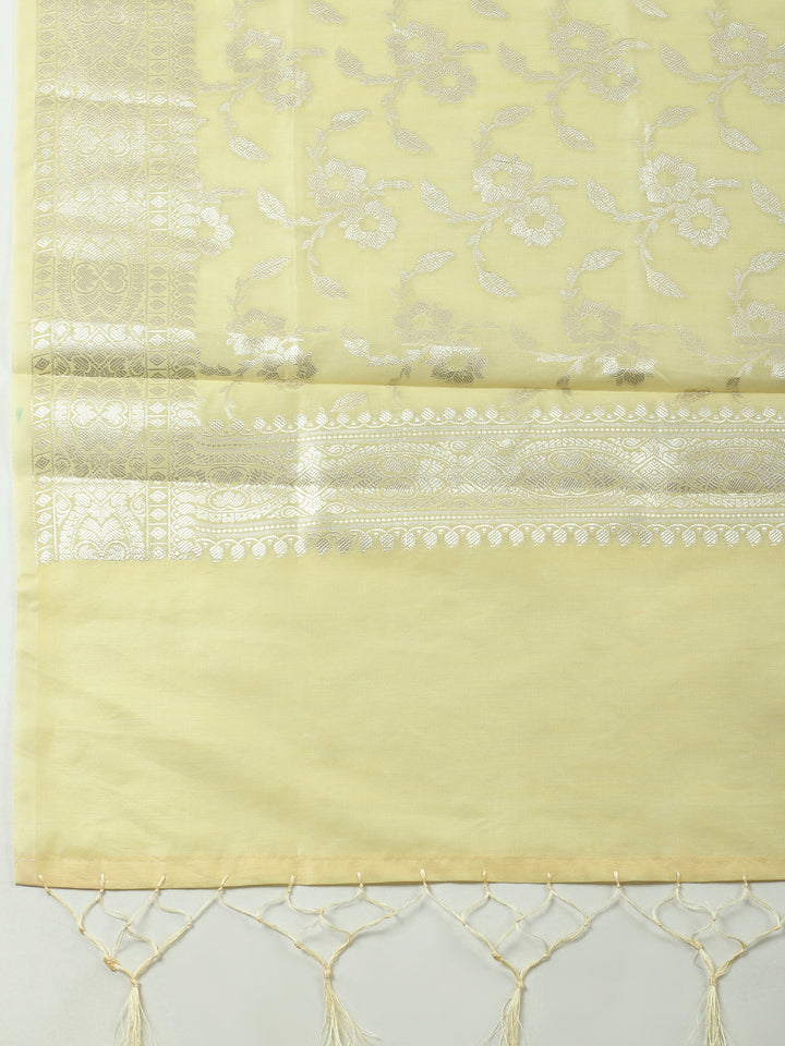 Yellow Woven Design Chanderi Unstitched Suit &amp; Pant With Banarsi Dupatta