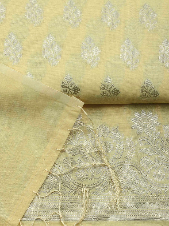 Yellow Woven Design Chanderi Unstitched Suit &amp; Pant With Banarsi Dupatta