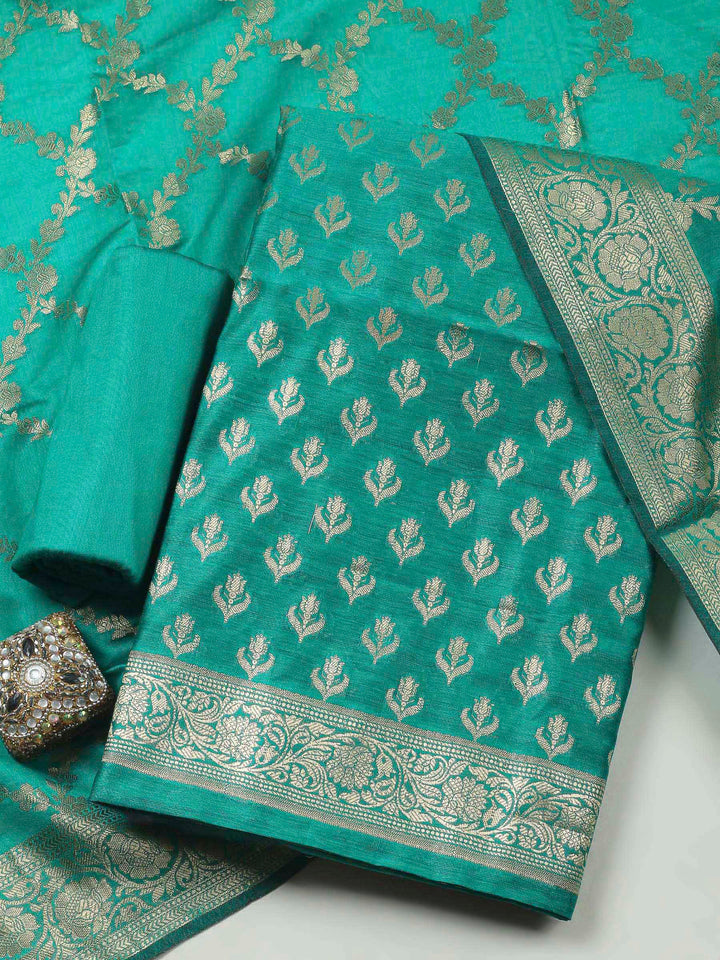 Green Woven Design Chanderi Unstitched Dress Material