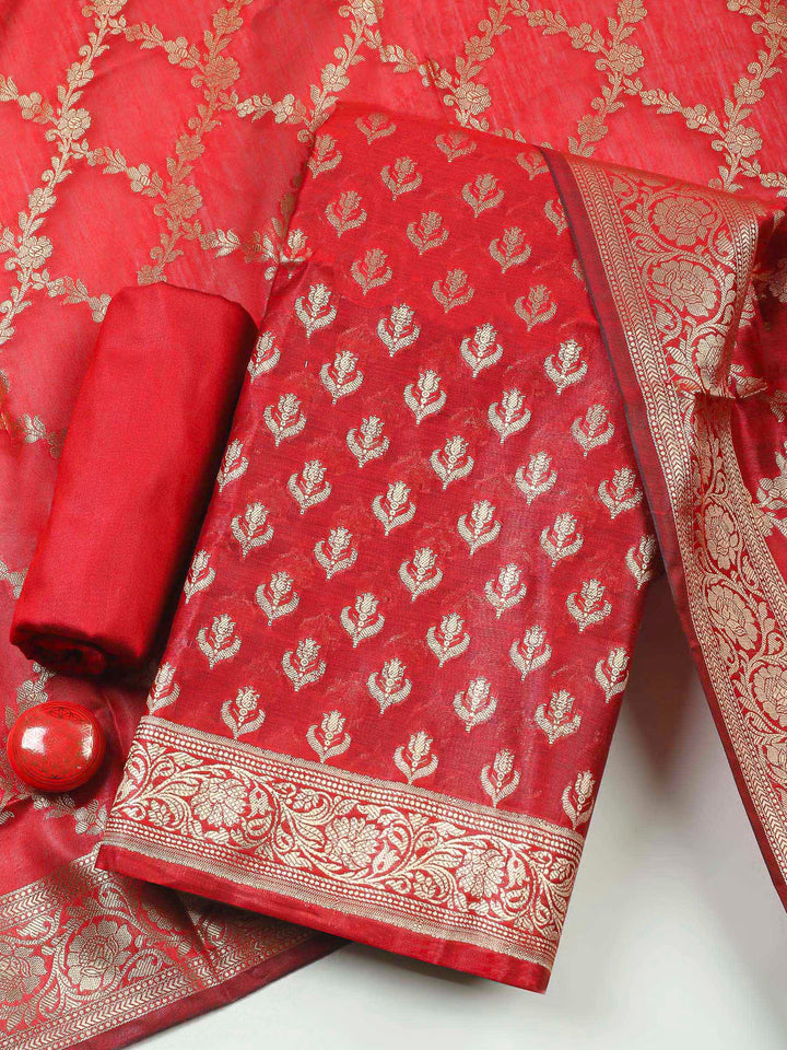 Maroon Woven Design Chanderi Unstitched Dress Material