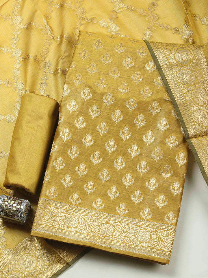 Mustard Woven Design Chanderi Unstitched Dress Material