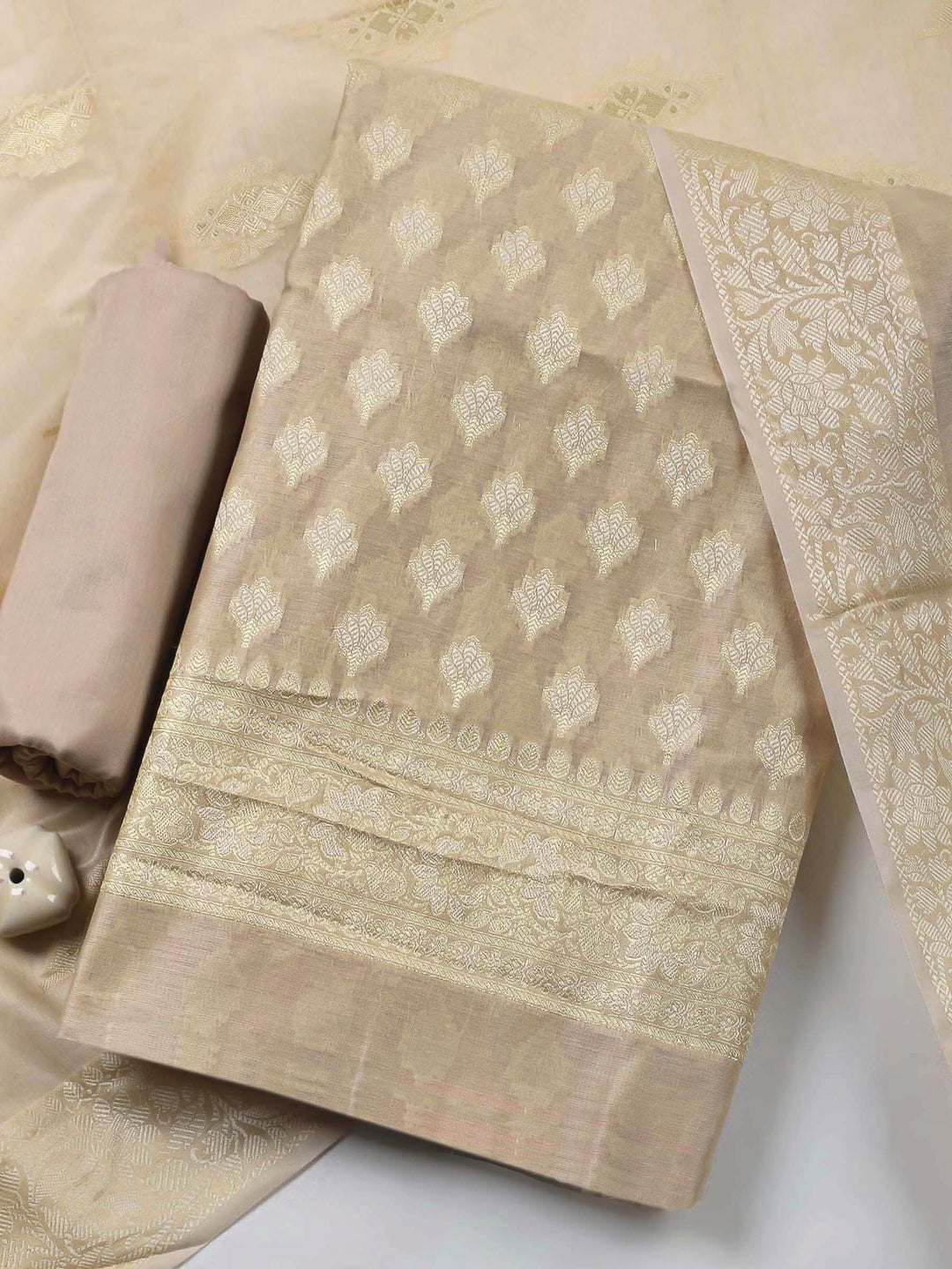 Beige Woven Design Chanderi Unstitched Dress Material