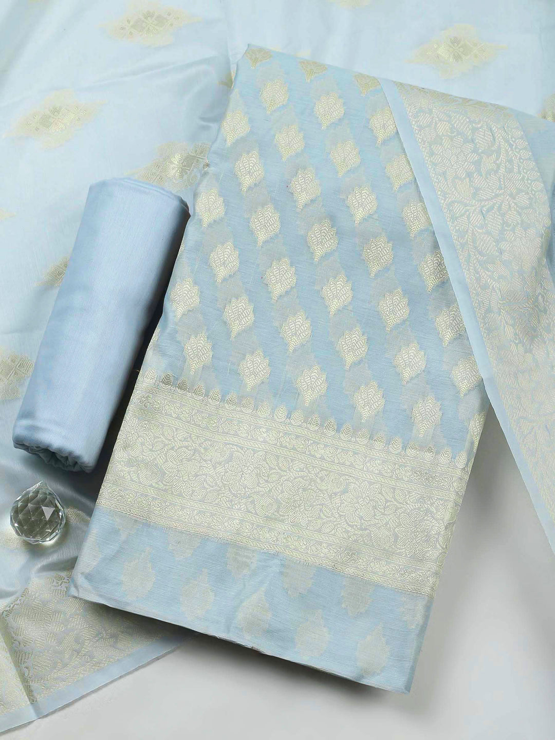 Grey Woven Design Chanderi Unstitched Dress Material